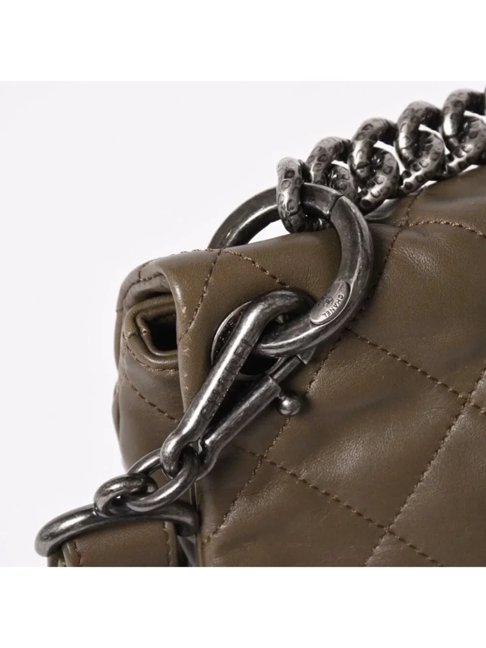 Chanel 2-Way Bag CC Logo Lambskin Quilted Olive Antique Silver